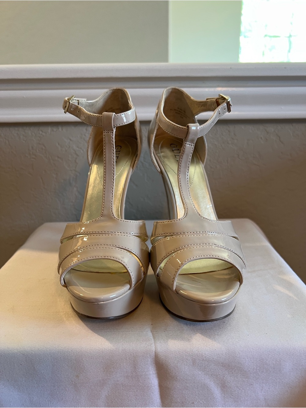 Guess Patent Leather T-Strap Platform Sandals in Nude